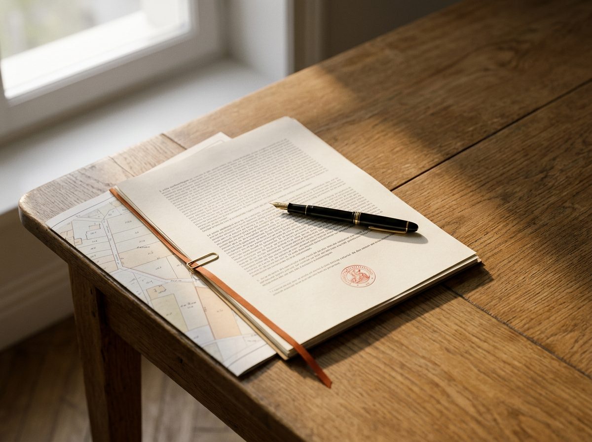Un acte notarié posé sur un bureau en chêne, un stylo plume et un plan cadastral